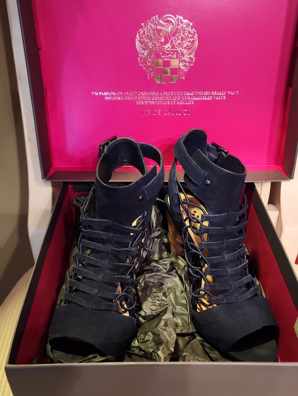Vince Camuto Navy Suede Lace-Up Sandal Heels